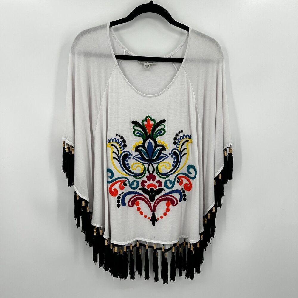 BOSTON PROPER White Black Green Embroidered Boho Fringe Bat Wing Top Size Medium